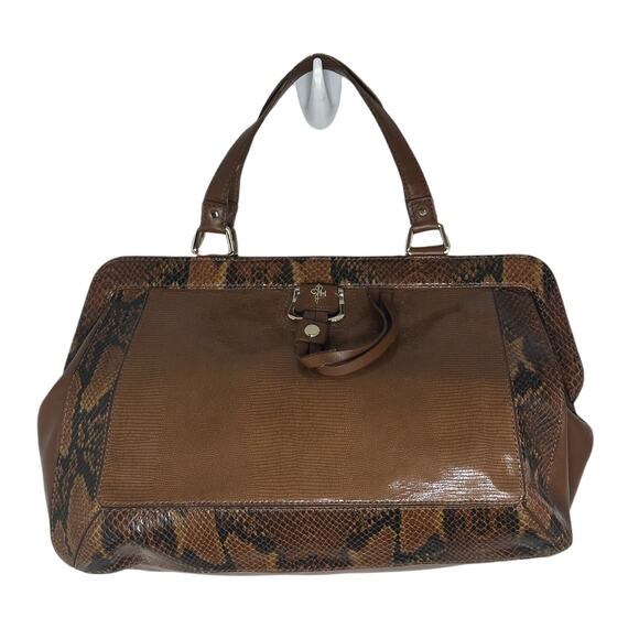 COLE HAAN Large Tan Leather Reptile Trip Handel Satchel Doctors Bag - Picture 1 of 12